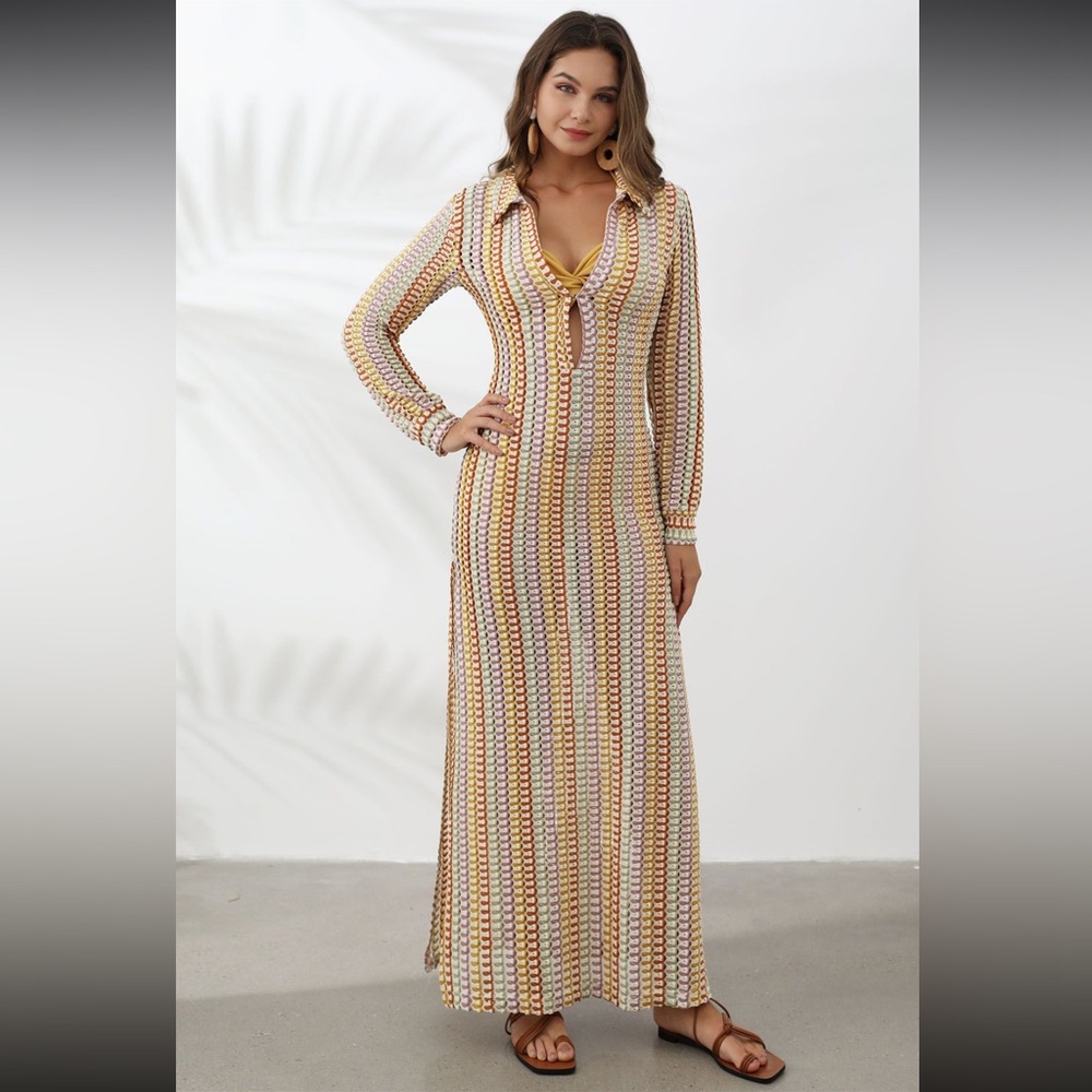 MULTICOLORED CROCHET SLIT MAXI COVER-UP  S-M